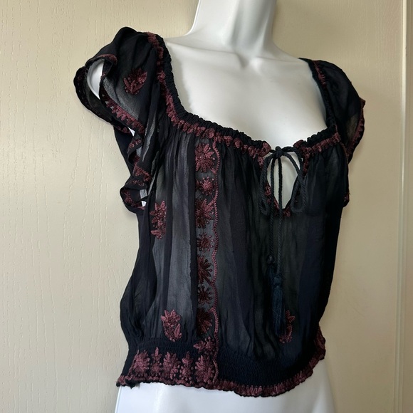 Free People Women’s Blue Paisley Park Peasant Embroidery Sheer Crop Top- Small - Picture 10 of 11